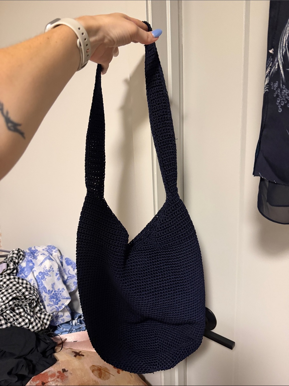 The Sak Navy Crochet Shoulder Bag
